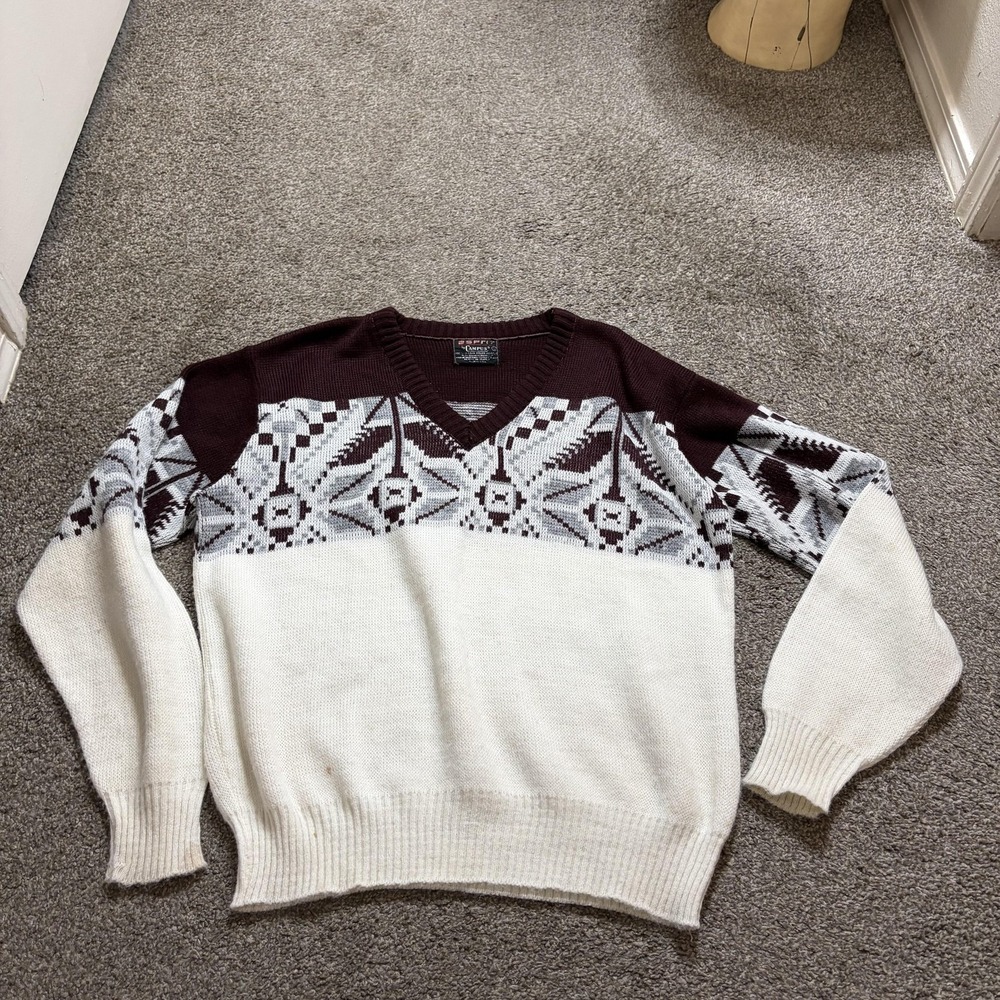 Vintage Esprit Campus Sweater Mens Large Geometric V Neck 60s USA